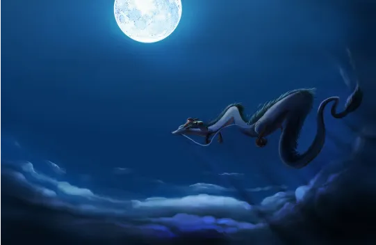 Image de Haku en dragon et de Chihiro en pleine nuit