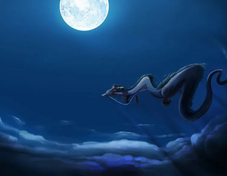 Image de Haku en dragon et de Chihiro en pleine nuit